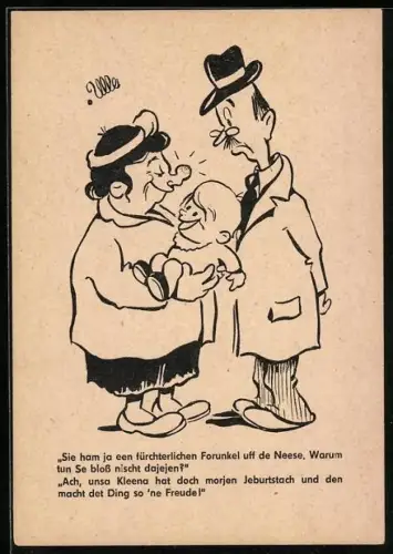 Künstler-AK Mann und Frau mit lächelndem Baby, Sie ham ja een fürchterlichen Forunkel uff de..., Berliner Zeitung