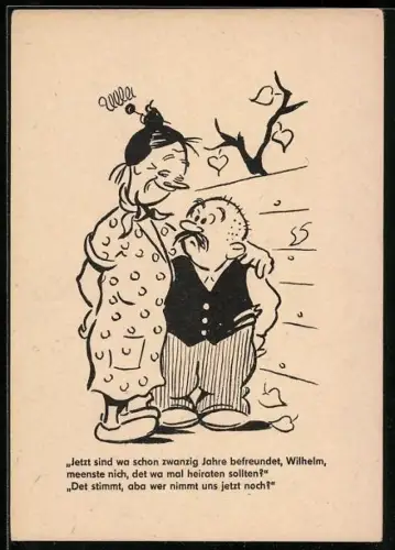 Künstler-AK Mann und Frau stehen nebeneinander, Jetzt sind wa schon zwanzig Jahre befreundet..., Berliner Zeitung