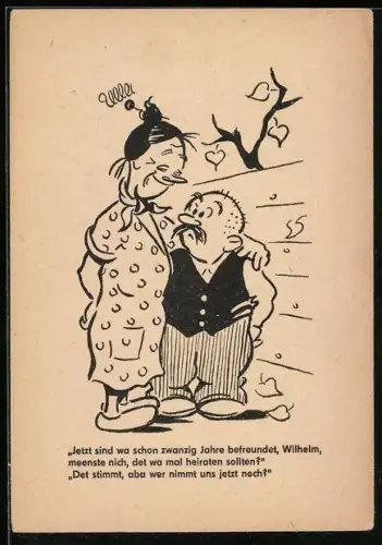 Künstler-AK Mann und Frau stehen nebeneinander, Jetzt sind wa schon zwanzig Jahre befreundet..., Berliner Zeitung