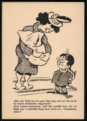 Künstler-AK Berliner Zeitung, Mutti war ein paar Tage weg, und nun hat sie dir ein kleines Brüderchen mitgebracht...