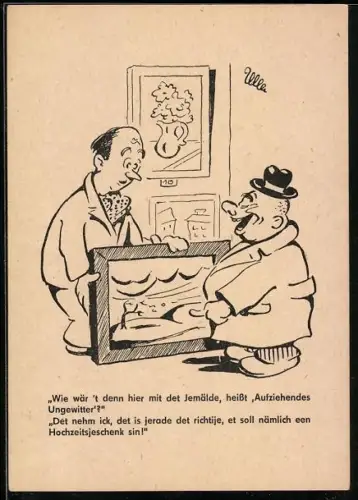 Künstler-AK Mann in einer Galerie, Wie wär`t denn hier det Jemälde..., Berliner Zeitung