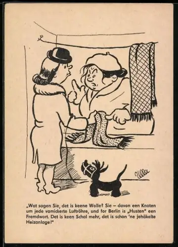 Künstler-AK Zwei Frauen bei einem Verkaufsstand mit einem Schal, Wat sagen Sie, det is keene Wolle?, Berliner Zeitung