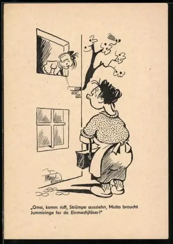 Künstler-AK Kind redet mit ihrer Grossmutter, Oma, komm ruff, Strümpe ausziehen..., Berliner Zeitung