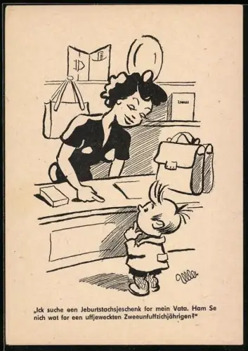 Künstler-AK Kind in einem Laden, Ick suche een Jebburtstagsjeschenk for mein Vata..., Berliner Zeitung