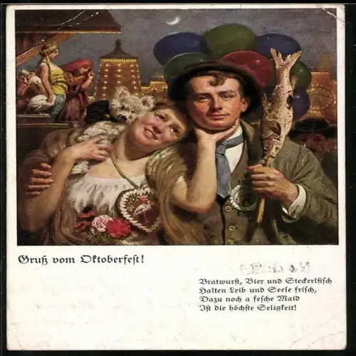 AK München, Oktoberfest, Paar mit Steckerlfisch