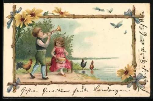 AK Kleine Musiker mit Trompete und Trommel in Sommerlandschaft