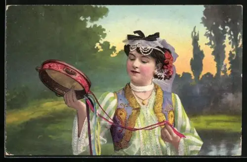 AK Frau in traditioneller Kleidung mit Trommel