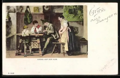 AK Mann spielt Zither an einem Tisch, Abend auf der Alm