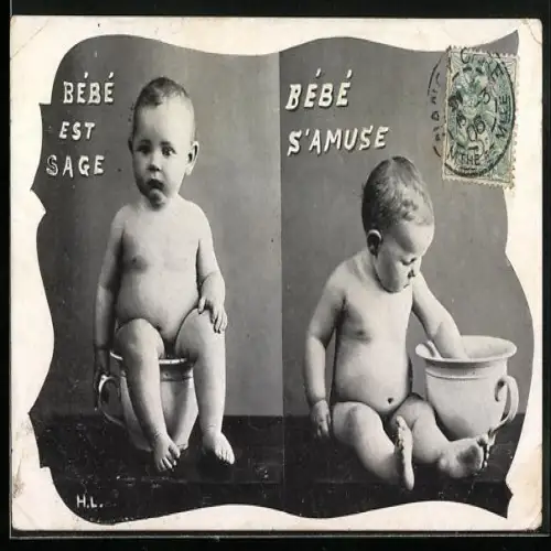 AK Bébé est sage - Bébé s`amuse, Säugling auf Nachttopf