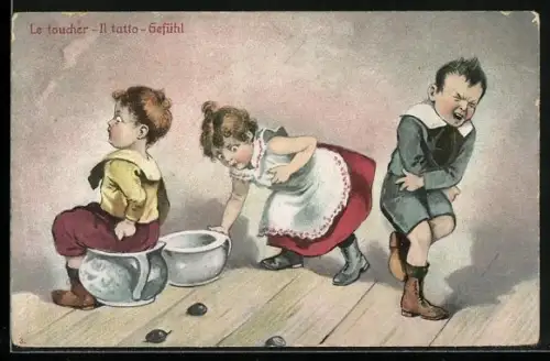 Künstler-AK Kinder auf Nachttöpfen, Gefühl