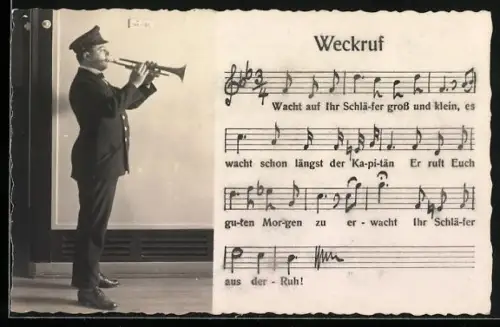 AK Mann mit Trompete, Weckruf Liedtext und Musiknoten
