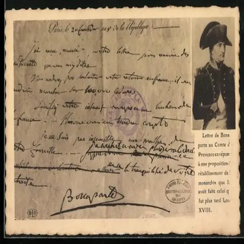 AK Lettre de Bonaparte au Comte de Provence en réponse