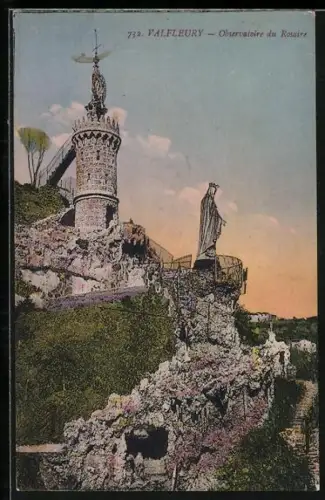 AK Valfleury, Observatoire du Rosaire et statue sur la colline rocheuse