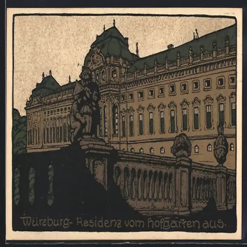 Steindruck-AK Würzburg, Residenz vom Hofgarten aus