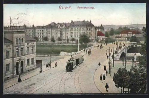 AK Gera-R., Heinrichsbrücke aus der Vogelschau, Strassenbahn