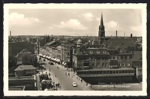 AK Guben, Blick auf die Neissebrücke und Cafe Schönberger