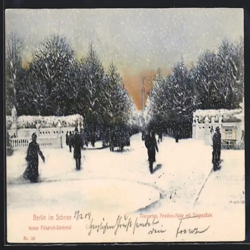 AK Berlin, Tiergarten, Friedens-Allée mit Siegessäule im Schnee