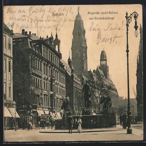 AK Dresden, Ringstrasse, neues Rathaus und Bismarckdenkmal
