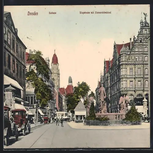 AK Dresden, Rathaus in der Ringstrasse mit Bismarckdenkmal
