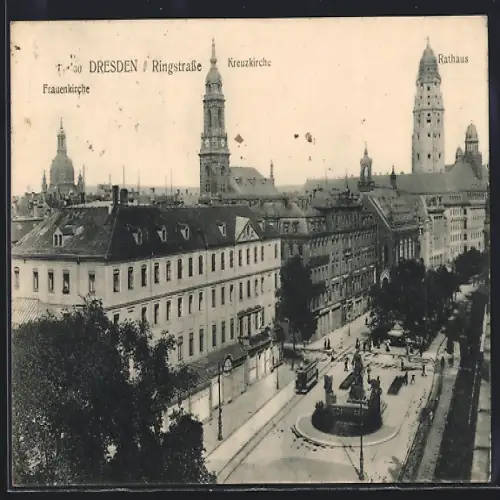 AK Dresden, Ringstrasse mit Kreuzkirche, Rathaus und Frauenkirche