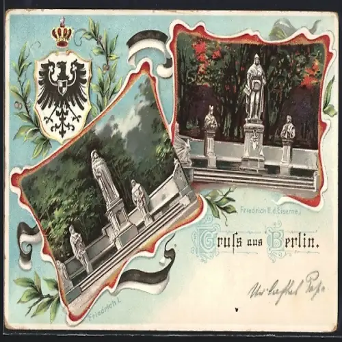 Lithographie Berlin-Tiergarten, Friedrich II. d. Eiserne und Friedrich I. Denkmäler