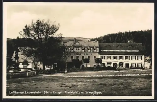 AK Lauenstein i. Sächs. Erzgeb., Hotel Stadt Teplitz und Kolonialwarenhandlung am Marktplatz