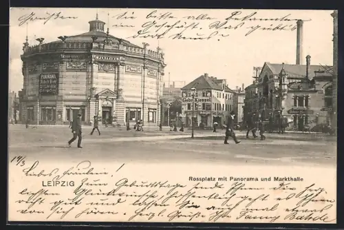 AK Leipzig, Rossplatz mit Panorama und Markthalle