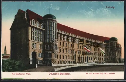 AK Leipzig, Am deutschen Platz, Deutsche Bücherei, An der Strasse des 18. Oktober