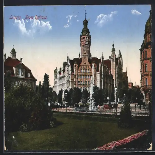 AK Leipzig, Neues Rathaus mit Denkmal und Strassenbahn
