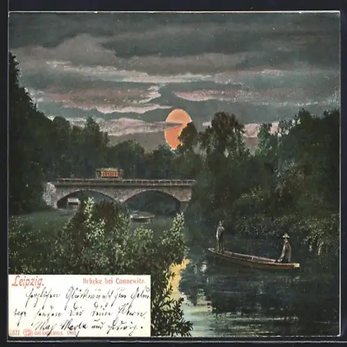 AK Leipzig, Eisenbahnbrücke bei Connewitz am Abend