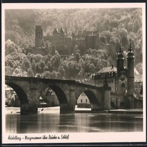 AK Heidelberg, Morgensonne über Brücke und Schloss