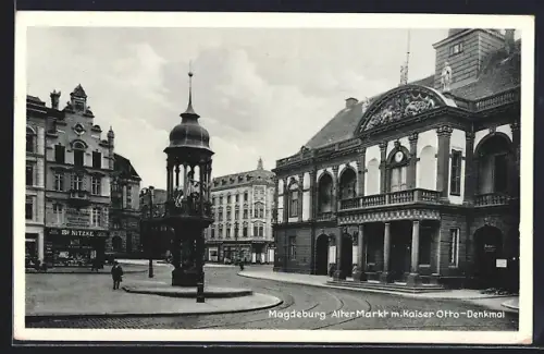 AK Magdeburg, Alter Markt mit Geschäften und Kaiser Otto-Denkmal