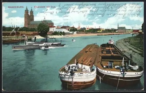 AK Magdeburg, Dampfer und Schleppkähne auf der Elbe mit Dom