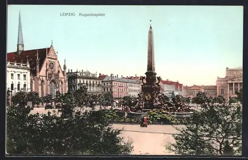 AK Leipzig, Kirche am Augustusplatz mit Brunnen