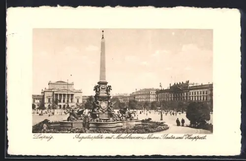 AK Leipzig, Augustusplatz mit Mendelbrunnen, Neuem Theater und Hauptpost