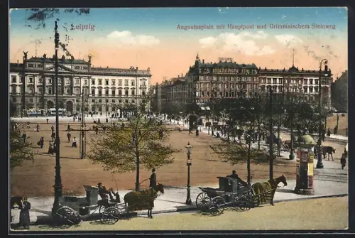 AK Leipzig, Augustusplatz mit Hauptpost u. Grimmaischem Steinweg, Pferdekutschen