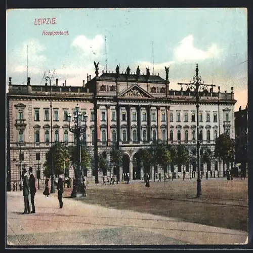 AK Leipzig, Hauptpostamt mit Marktplatz