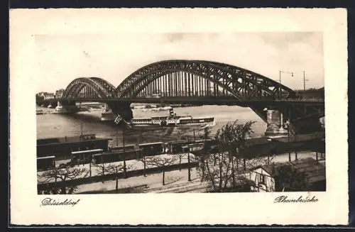 AK Düsseldorf, Rheinbrücke mit Dampfer