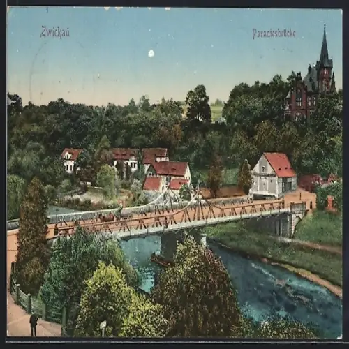 AK Zwickau, Paradiesbrücke mit Villa
