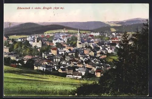 AK Eibenstock i. sächs. Erzgeb., Teilansicht mit Kirche