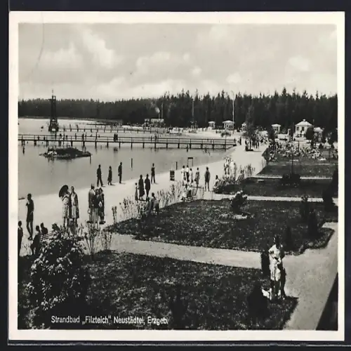 AK Neustädtel /Erzgeb., Strandbad Filzteich, Spaziergänger
