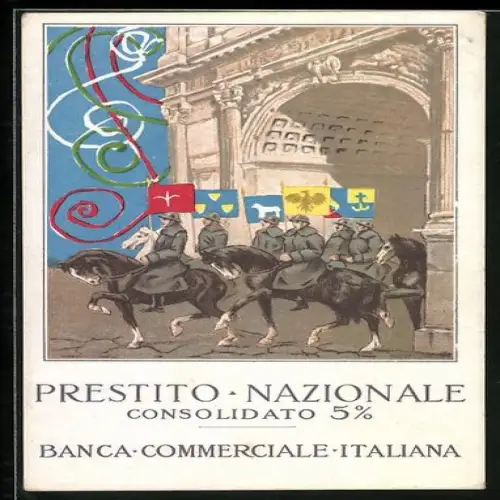 Künstler-AK Italienische Soldaten zu Pferd, Prestito Nazionale Consolidato 5%