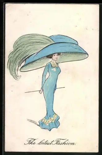 Künstler-AK Frau in blauem Kleid mit riesigem Hut, The latest fashion