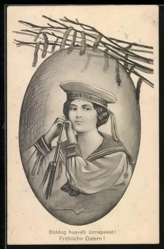Künstler-AK Frau in Matrosenuniform der Kir. Tengeresz, Fröhliche Ostern