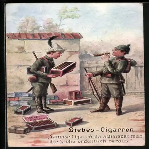 Künstler-AK Soldaten in Uniformen mit Zigarren, Liebes-Cigarren