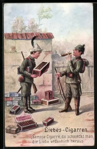Künstler-AK Soldaten in Uniformen mit Zigarren, Liebes-Cigarren