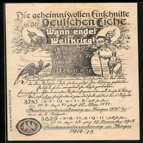 Künstler-AK Eiche mit Reichsadler, Die geheimnisvollen Einschnitten in der Deutschen Eiche