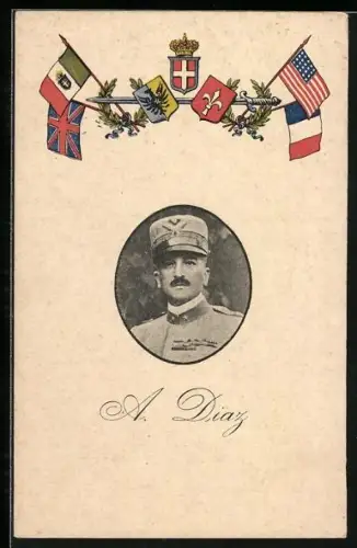 AK Heerführer A. Diaz mit Flaggen und Wappen