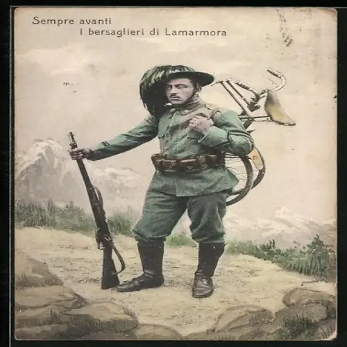 AK Soldat der Infanterie in Uniform mit Fahrrad und Waffe