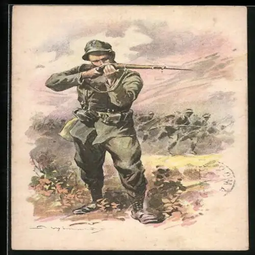 Künstler-AK Soldat der Infanterie zielt mit seiner Waffe